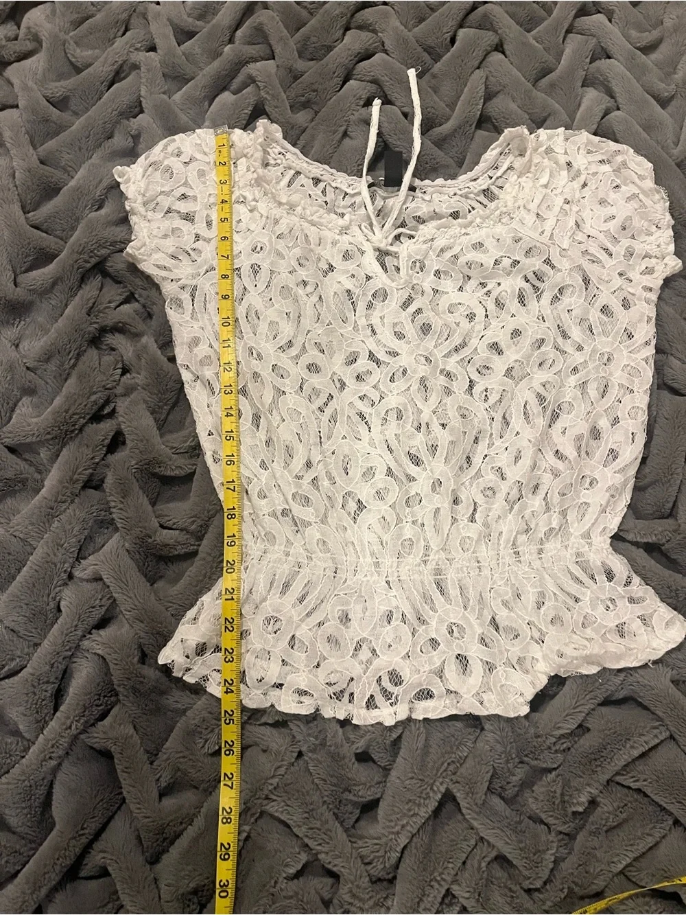 INC International Concepts White Lace Short Sleeve Peplum Blouse with Tie - Picture 9 of 9